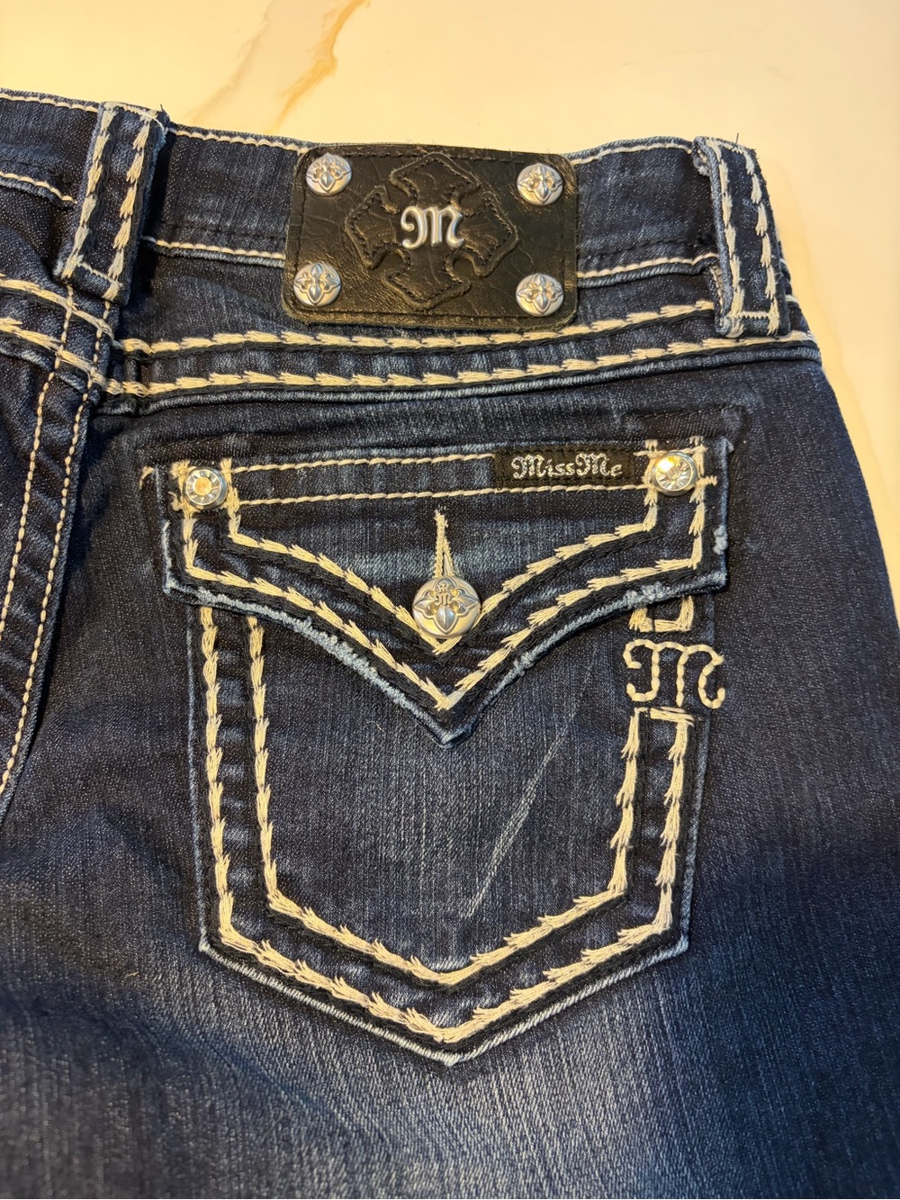Miss Me Dark Blue Denim Bermuda Shorts with White Contrast Stitching - Picture 9 of 9